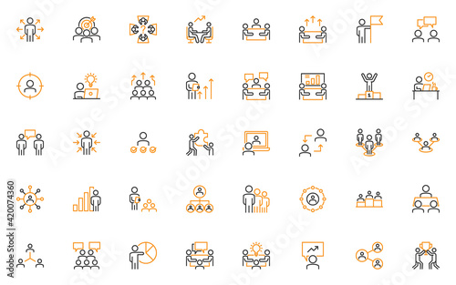 set of business people thin line icons, meeting, team, mangement, human resource