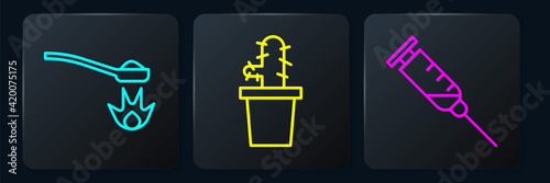 Set line Heroin in a spoon, Syringe and Cactus peyote in pot. Black square button. Vector