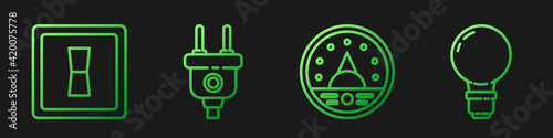 Set line Ampere meter, multimeter, voltmeter, Electric light switch, Electric plug and Light bulb with concept of idea. Gradient color icons. Vector