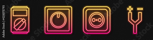 Set line Electrical outlet, Multimeter, Electric light switch and Electric cable. Glowing neon icon. Vector