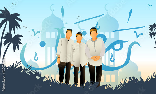 vector design illustration of three Muslim men welcoming the arrival of the month of Ramadan with the background of the mosque and the Arabic calligraphy of Ramadan. with a coconut tree in front of it