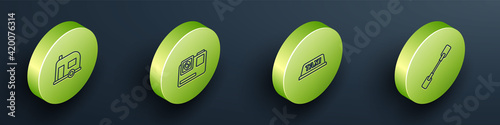 Set Isometric Rv Camping trailer, Action extreme camera, Taxi car roof and Paddle icon. Vector