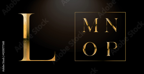 Realistic gold alphabet. Hand crafted serif font with rust effects. Gold roman textured uppercase. Elegant typeset. 