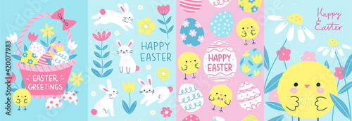 Happy Easter! Set of 4 card, poster or banner templates in colorful modern style. Vector illustration of cute Easter bunnies, chicks and flowers for celebration of the spring holiday.