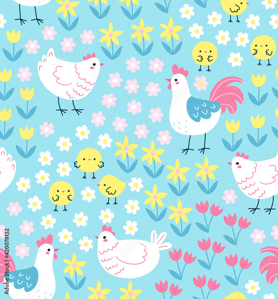 Seamless pattern with cute chickens and roosters on floral background. Springtime vector illustration in trendy hand-drawn style. Swatch is included.