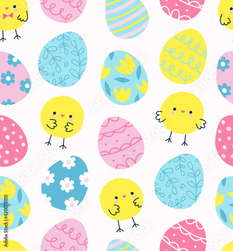 Colorful seamless pattern with cute baby chicks and painted eggs. Vector illustration for celebration of Easter holiday in trendy hand-drawn style. Swatch is included.