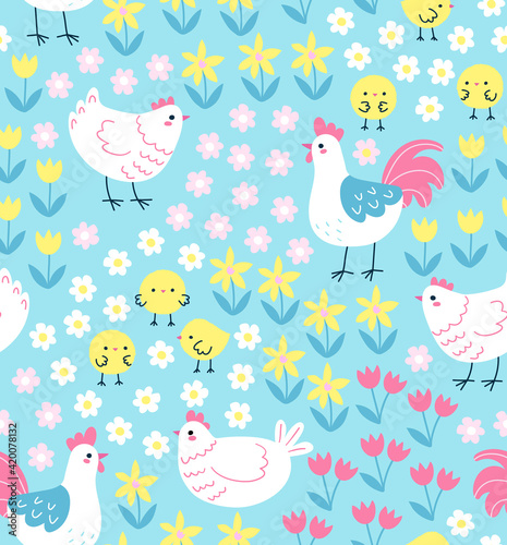 Seamless pattern with cute chickens and roosters on floral background. Springtime vector illustration in trendy hand-drawn style. Swatch is included.