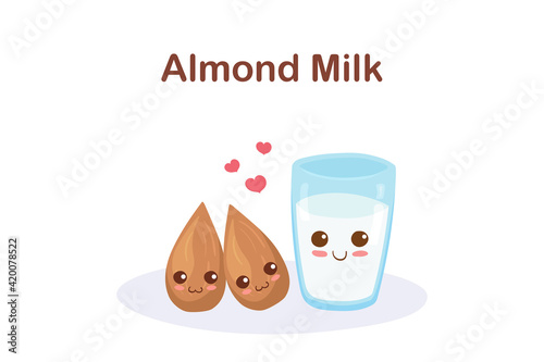 Kawaii Cartoon Almonds and Glass of Milk vector illustration isolated on white background. Cute comic smiling food characters. Healthy vegan ingredient. Nuts milk. Cafe menu elements, fabric print.