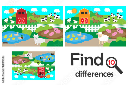 Find 10 differences, game for children, farm with animals cartoon, education game for kids, preschool worksheet activity, task for the development of logical thinking, illustration
