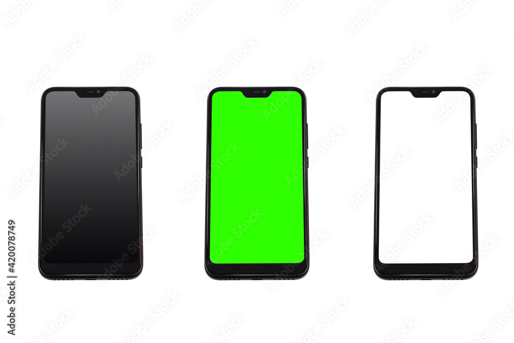 A black smartphone with thin frames and a modern design on a white background with three display options. A black smartphone with thin frames and a modern design on a white background with three display options.