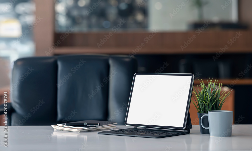 custom made wallpaper toronto digitalMockup blank screen tablet with keyboard on white table in modern office room.