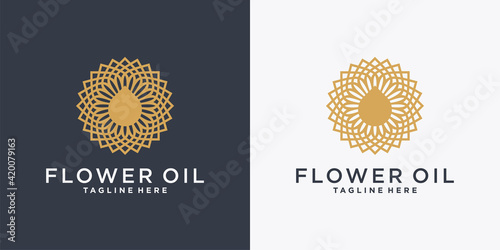 Flower oil logo design template with creative line art style concept