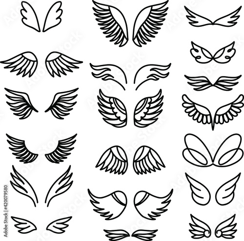 Cartoon wings set. Hand drawing style icons. Web template. Vector pattern. Doodle cartoon style. White background. Line style vector.