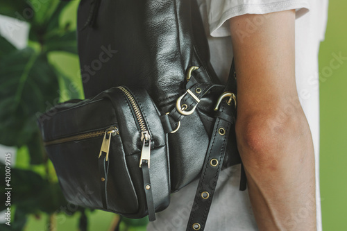Medium Leather Backpack Rolltop Leather Rucksack Bag. Black leather men's backpack. Fashion and Style.