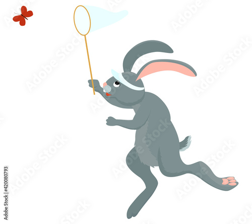 Gray hare or rabbit cheerfully runs and jumps holding a butterfly net. Vector cartoon animal illustration isolated on white background.