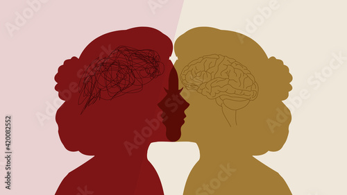 Abstract contrast between a healthy woman and a patient with b. A metaphor for tangle and untangle brains on a two-faced woman's silhouette. Dual personality and mental health problems.