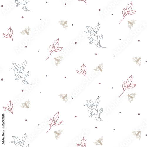 Seamless foliage and moths pattern with tiny small leaves on white.