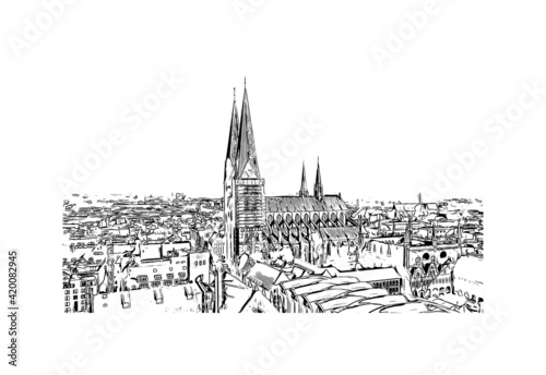 Building view with landmark of Lubeck is the
city in Germany. Hand drawn sketch illustration in vector.