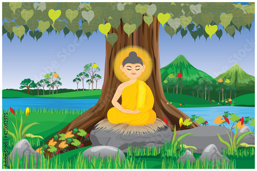 The Buddha meditated under the Bodhi tree vector design photo