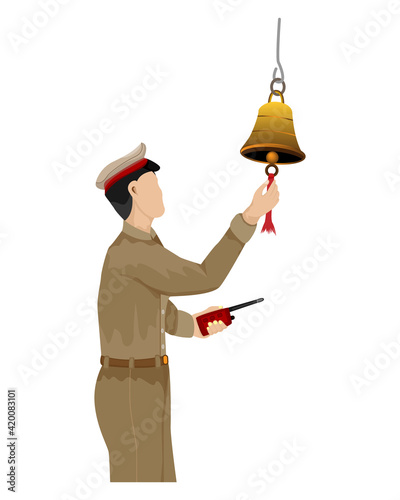 isolated train staff man  ring the bell on white background vector design