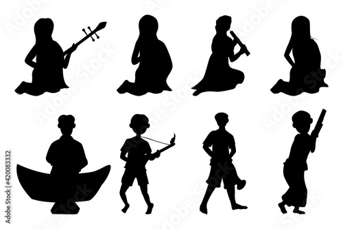 silhouette young man and woman with thai instrument vector design
