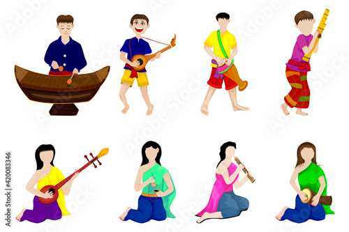 young man and woman with thai instrument vector design