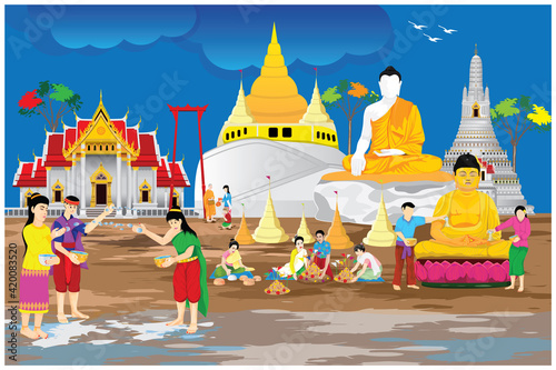 people make beautiful sand pagoda in temple on Songkran festival ,Merit making traditions vector design