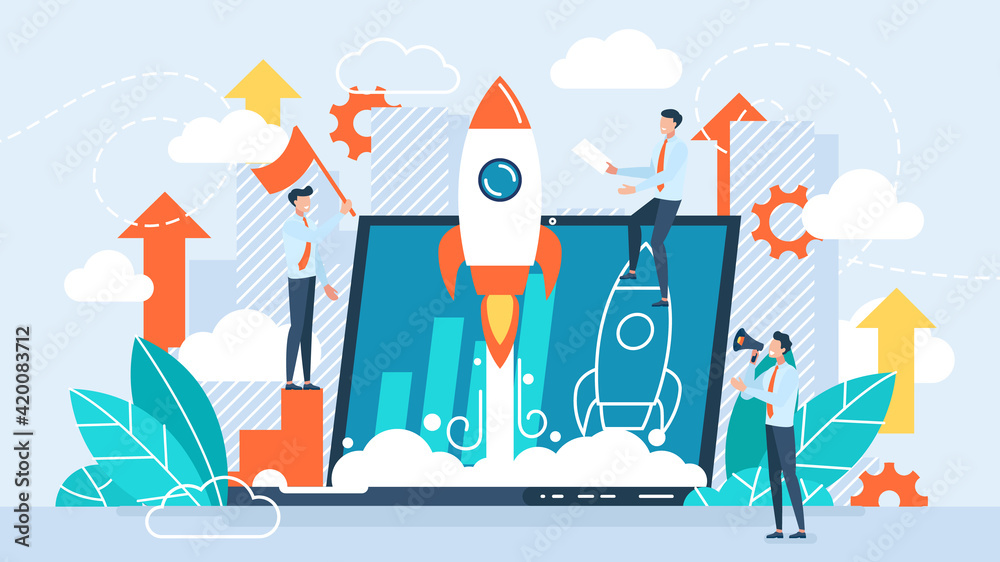 Startup new business project. Development process. Innovation product, creative idea. Start up launch, Start up venture, entrepreneurship concept. Vector isolated concept creative illustration