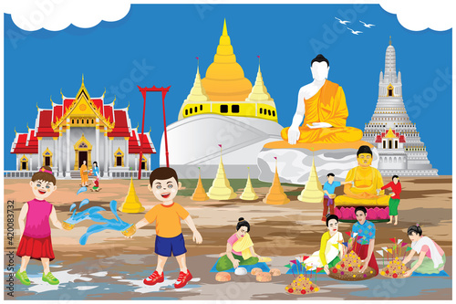 people make beautiful sand pagoda in temple on Songkran festival ,Merit making traditions vector design