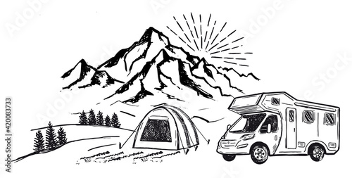 Camping in nature, motorhome,  Mountain landscape, hand drawn style, vector illustrations.