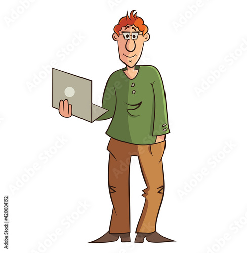 Cartoon, comic style redhead young man holding, using laptop, notebook for freelance work. Vector illustration clip art isolated on white. Brown, green and orange colors.