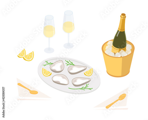 Seafood set - lobster, oysters and sparkling wine. Isometric vector illustration in flat design.