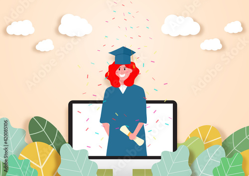 Class of 2021 Virtual  graduation ceremony concept.Student receive diploma.