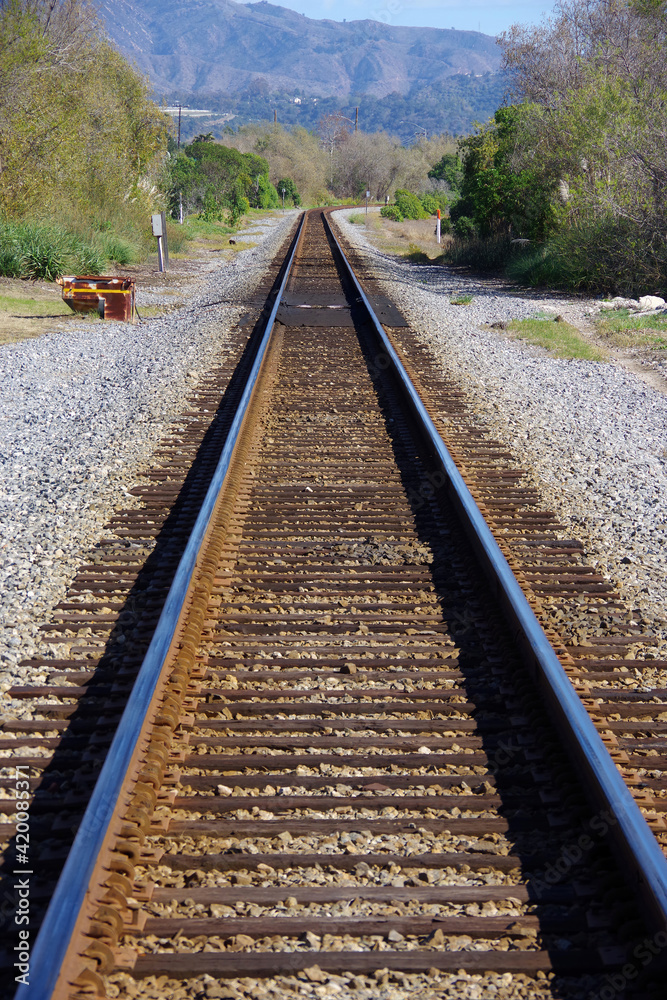 Southern California railroad tracks of a line along the coast near the town of Carpinteria
