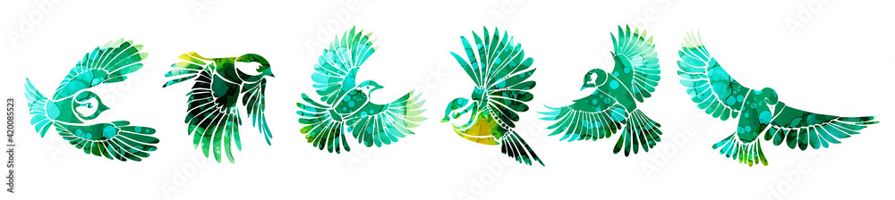 A multi-colored flying decorative bird. Set of beautiful scenic birds. tits. Vector illustration