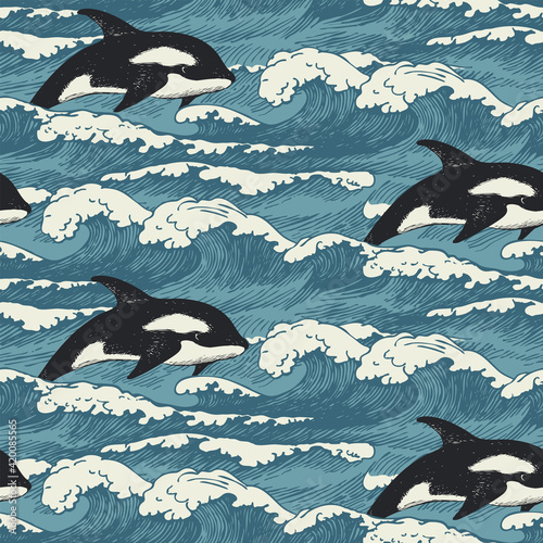 Vector seamless pattern with hand-drawn waves and sharks in retro style. Decorative repeating sea or ocean illustration, blue storm waves with sea foam breakers and swimming killer whales