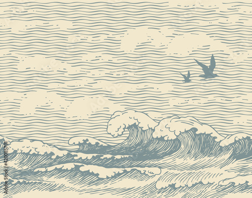 Vector seamless pattern with hand-drawn seascape with waves, seagulls and clouds in the sky. Decorative repeating illustration of sea or ocean, water waves on an old paper background in retro style