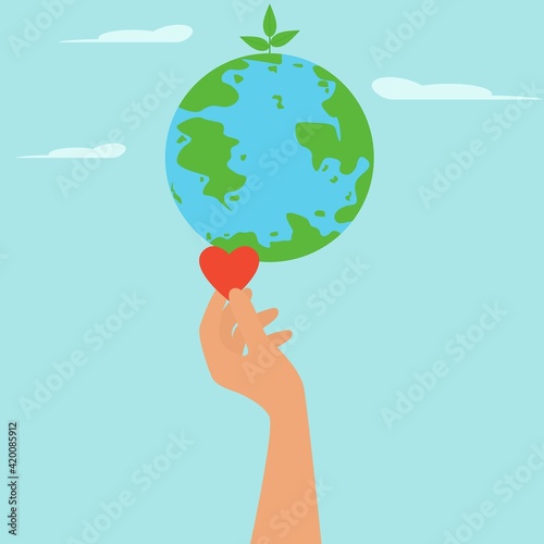 Happy Earth Day. A globe and a woman's hand with a heart. Vector environmental illustration. Poster for the protection of nature and ecology.