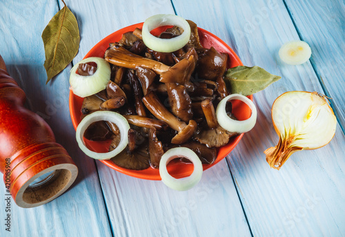 Armillaria mellea or honey fungus marinated in an orange plate with spices and onions on a blue table. Idea for a delicious snack for breakfast or lunch. Top view photo