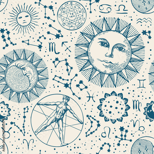 Seamless pattern with zodiac signs, face of the sun, moon face, stars, constellations and human figure like Vitruvian man on a light backdrop. Hand-drawn vector background in retro style