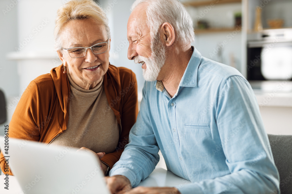 Happy mature couple surfing the Internet on laptop at home