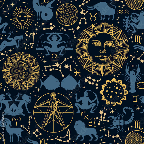 Seamless pattern with zodiac signs, horoscope symbols, sun, moon and human figure like Vitruvian man on a black backdrop with stars and constellations. Abstract vector background in cartoon style © paseven