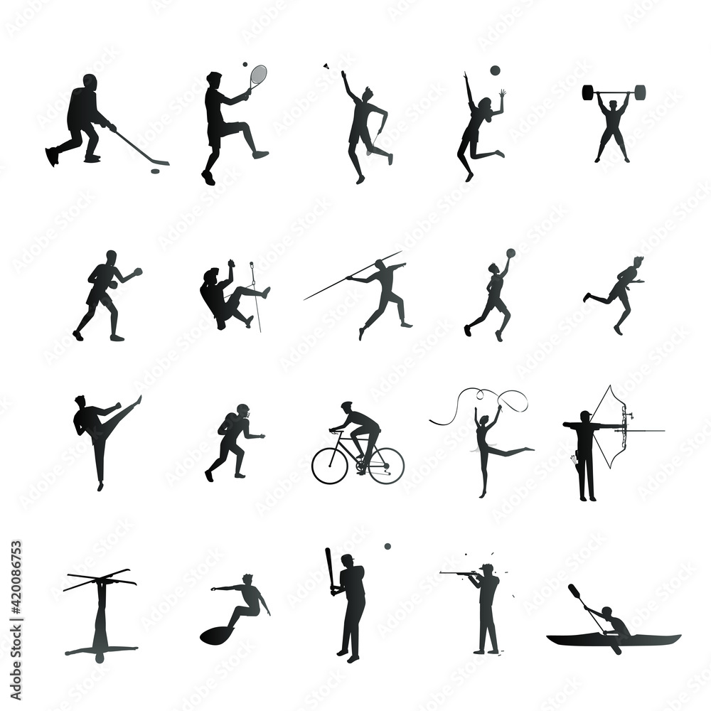 Set of sport and athlete silhouette icons. Vector illustration of sports activities.