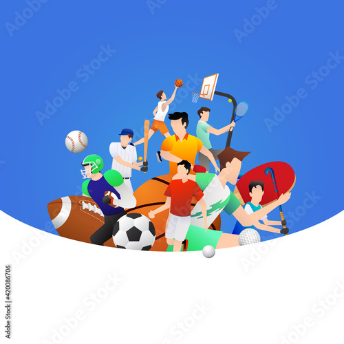 Vector illustration of sports background design with sport players in different activities. football, basketball, baseball, running, rugby