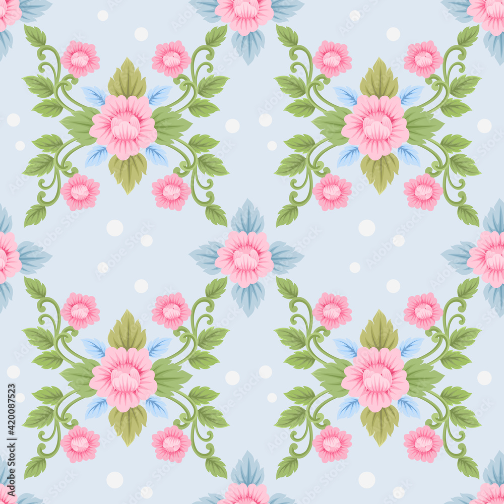 Pink flower damask seamless pattern with light blue monochrome background for fabric, textile, and wallpaper.