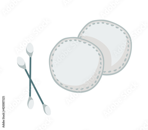 Cotton pads. Cotton swabs. Hygiene, cosmetology. Outline vector illustration on a white background.