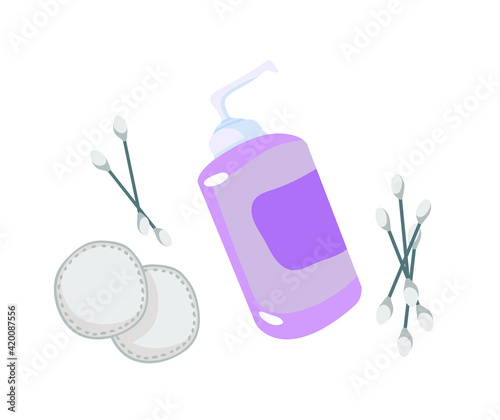 Cotton pads. Cotton swabs. Cosmetic jar with dispenser. Hygiene, cosmetology. Outline vector illustration on a white background.