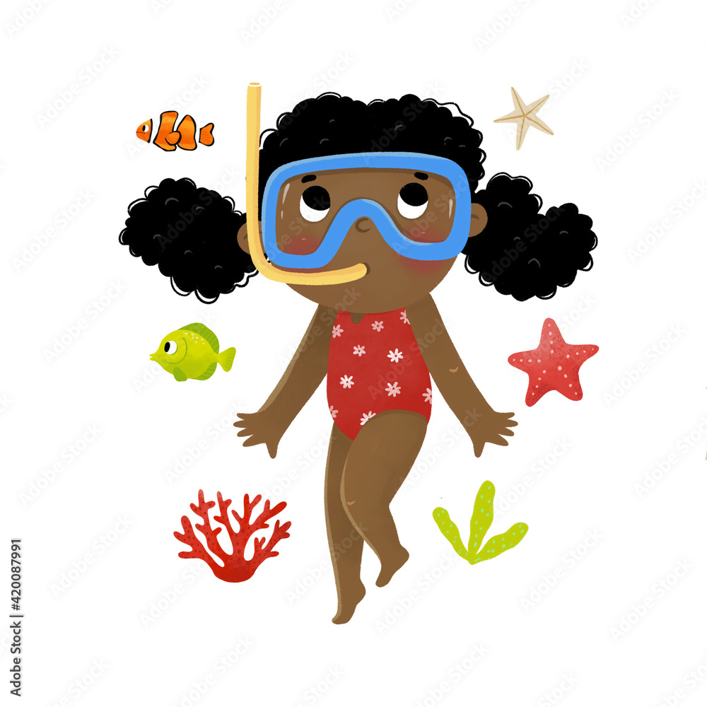 Cute cartoon Little girl swims underwater wearing a mask and ...
