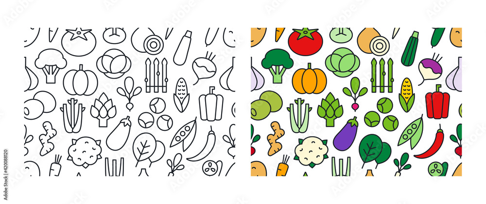 Set of vector seamless patterns with vegetables. Endless texture, background, wallpaper. Linear color icons. Contour, shape, outline. Healthy food and vitamins