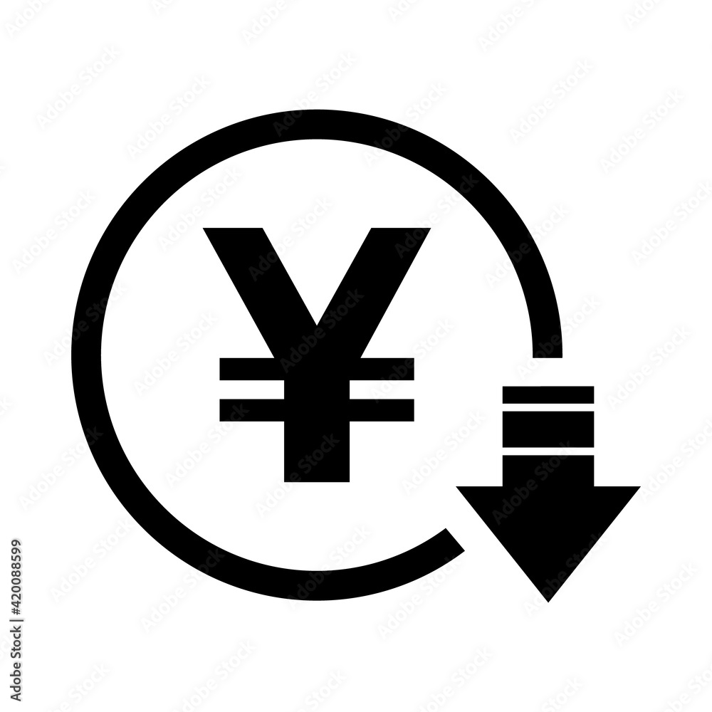 Yen reduction symbol, cost decrease icon. Reduce debt bussiness sign vector illustration Yen reduction symbol, cost decrease icon. Reduce debt bussiness sign vector illustration